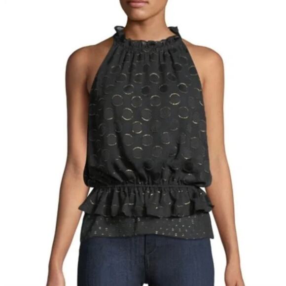 Ramy Brook Blouse Top Women Black Gold Polka Dot Ruffled Sleeveless Designer - Picture 1 of 11